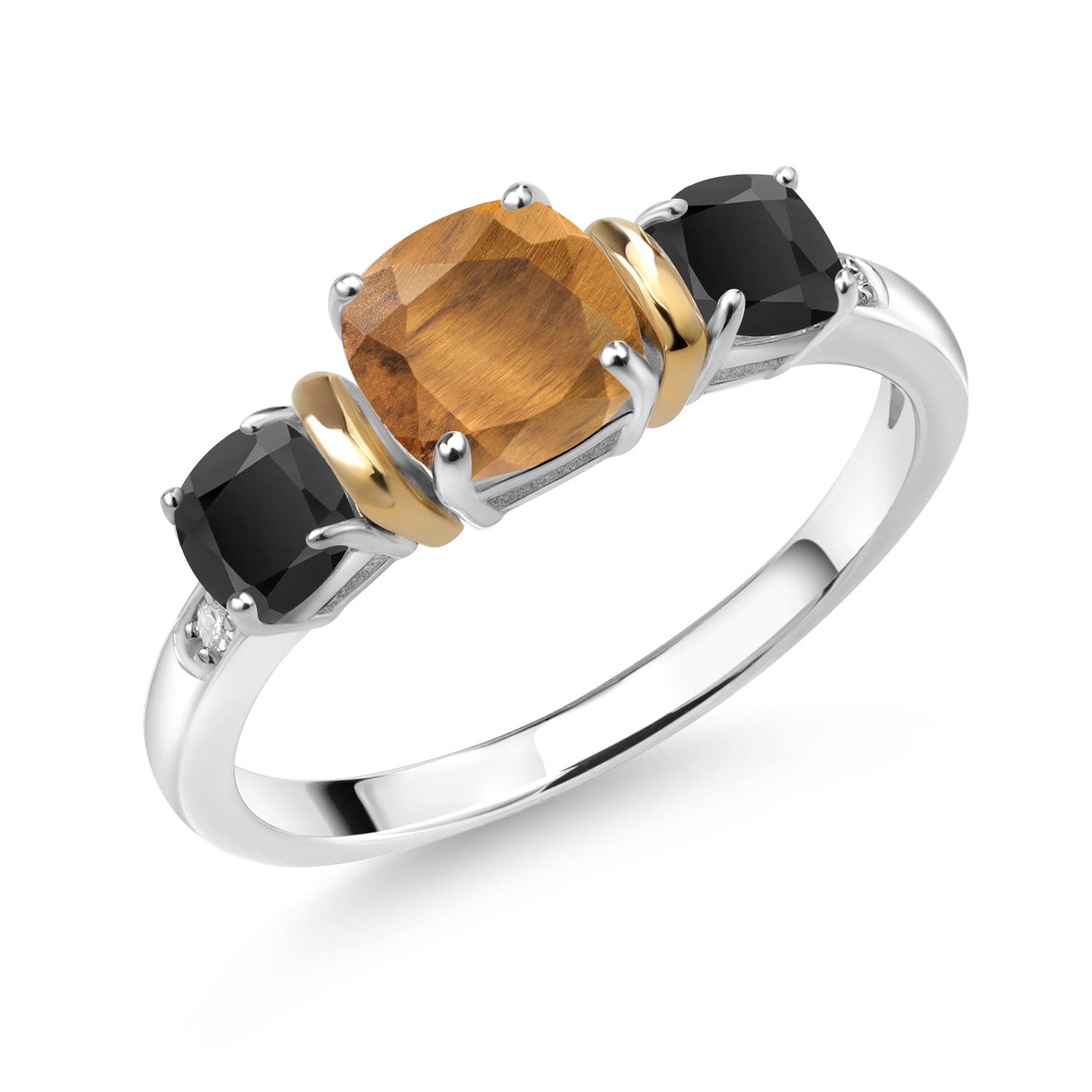 Gem Stone King 925 Silver and 10K Yellow Gold Cushion Brown Tiger Eye and Black Onyx Ring For Women (1.58 CtTW, Gemstone Birthstone, Available In Size 5, 6, 7, 8, 9)