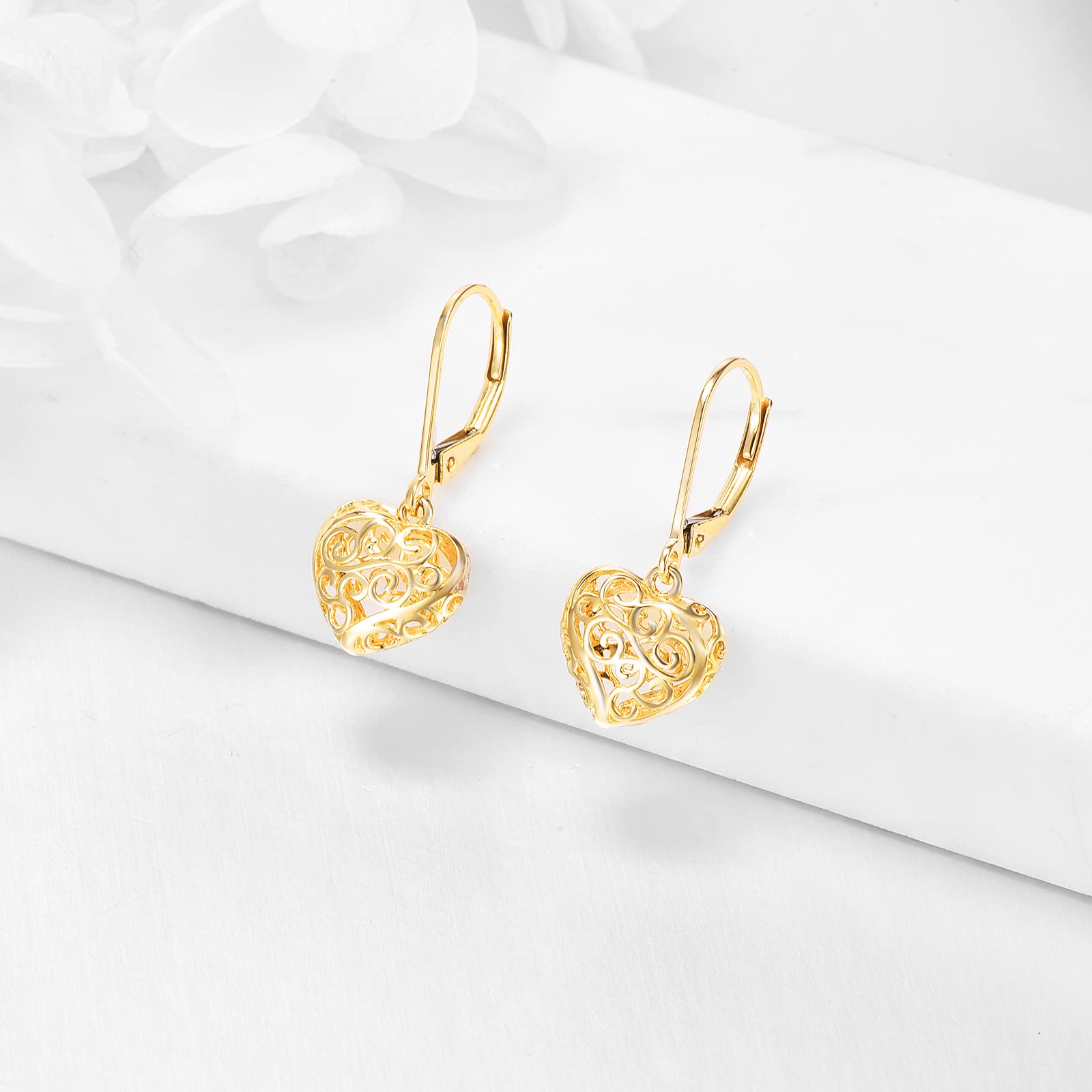 14k Gold Heart Leverback Earrings for Women Filigree Dangle Drop Earrings Vintage Jewelry Birthday Gifts for Her (Heart Filigree Leverback Earrings)