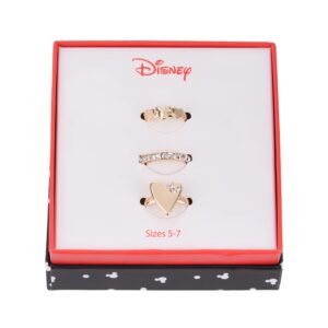 DISNEY Mickey Mouse Heart 3 Piece Stackable Ring Set for Women, Girls in Authentic Jewelry Gift Box, Gold Tone with Character Shape, Crystal Accent Designs, Fits Size 5-7