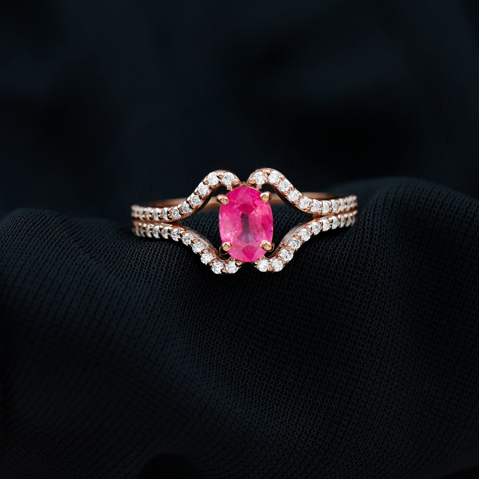 5X7 MM Oval Pink Sapphire Split Shank Ring with Diamond, Pink Sapphire Solitaire Ring for Women - September Birthstone, 14K Rose Gold, Size:US 8.00