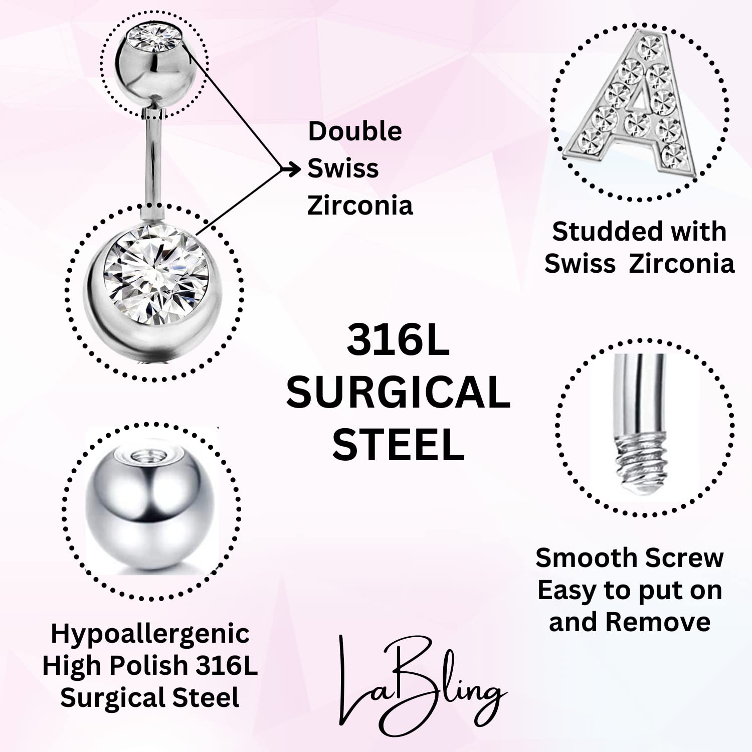 Initial Dangle Belly Button Rings | Embellished with CZ Crystals in Silver Letters A to Z | Ideal for Navel Piercings Belly Piercings - Initial P - BB-016