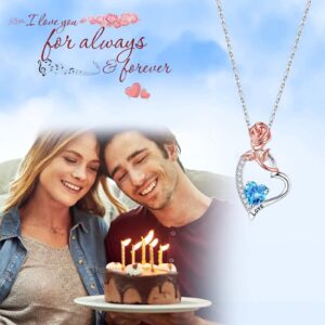 Iefil Birthstone Necklaces for Women - Anniversary Birthday Gifts for Women, Aquamarine Necklace, March 925 Sterling Silver Rose Heart Birthstone Necklace for Women, Jewelry Gifts for Wife Her Mom