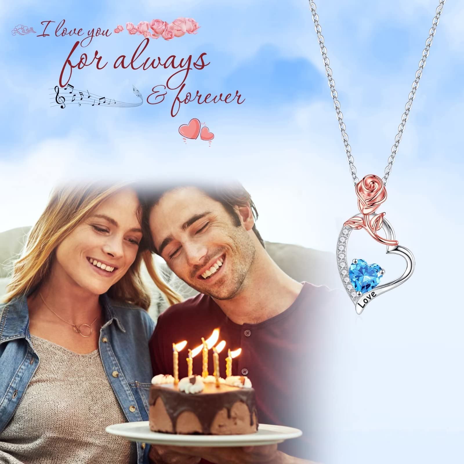 Iefil Birthstone Necklaces for Women - Anniversary Birthday Gifts for Women, Aquamarine Necklace, March 925 Sterling Silver Rose Heart Birthstone Necklace for Women, Jewelry Gifts for Wife Her Mom