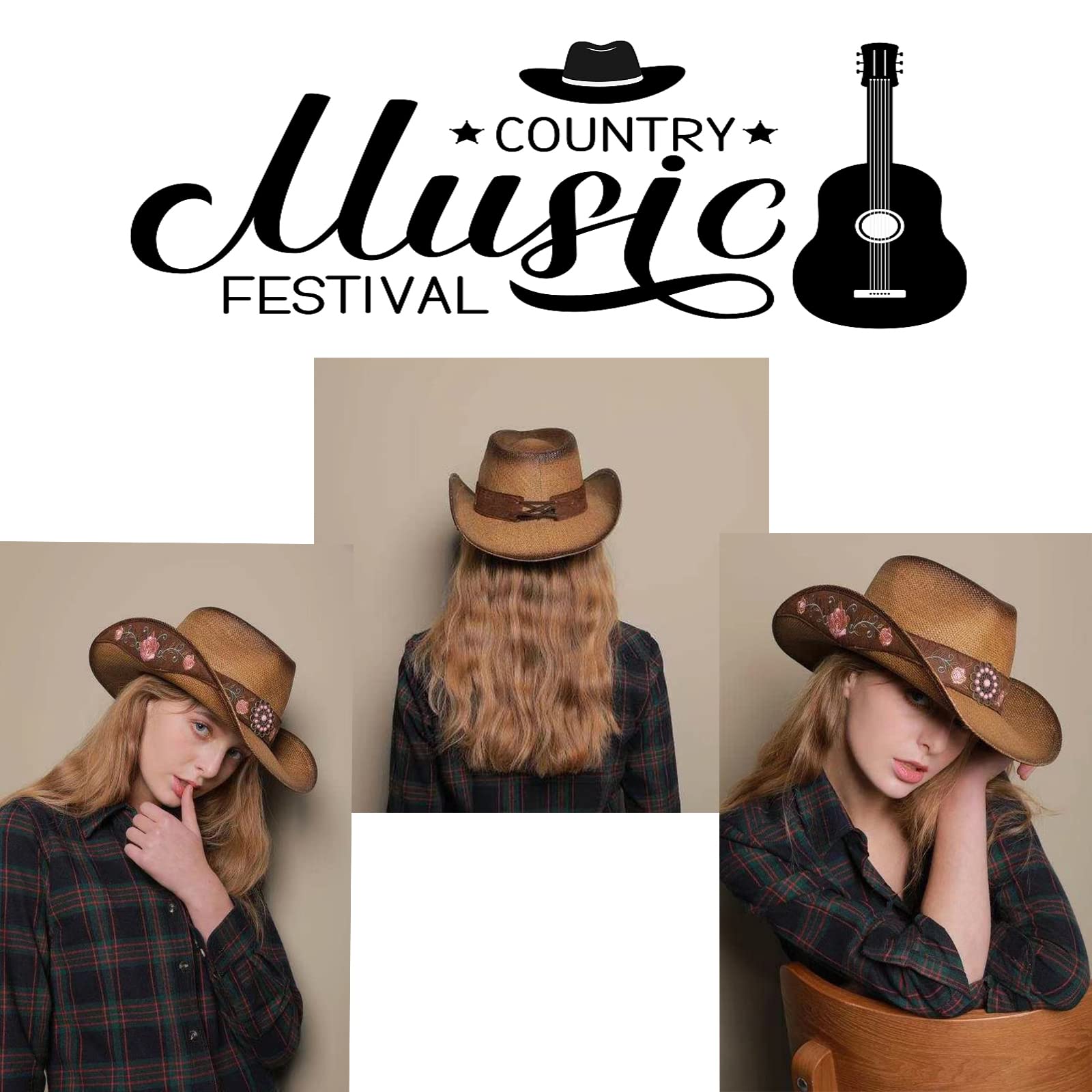 WELLATENT Cowboy Hats for Women, Brown Cowgirl Hats Classic Straw Western Hats for Women Music Festival Party Beach.