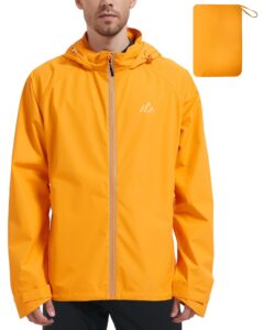 atlaslava men's packable rain jackets lightweight waterproof reflective windbreaker coat with hood cycling running golf orange 2xl