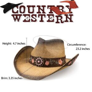 WELLATENT Cowboy Hats for Women, Brown Cowgirl Hats Classic Straw Western Hats for Women Music Festival Party Beach.