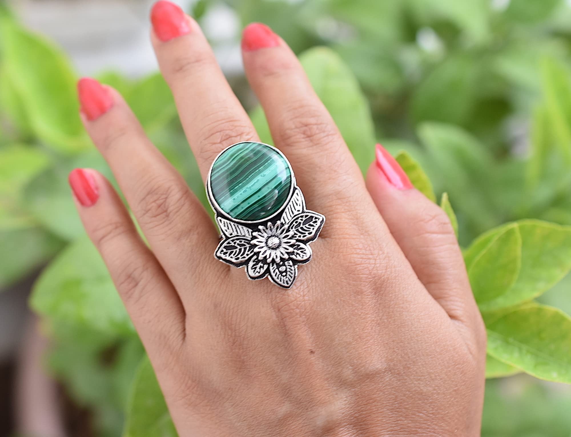 Rekha Gems Malachite Ring-925 Sterling Silver Ring-Vintage Ring-Handmade Ring-Birthday Gift-Green Gemstone Ring-Boho and Hippie Ring-Birthstone Ring-Malachite Jewelry- RMK13 (4.50 US)