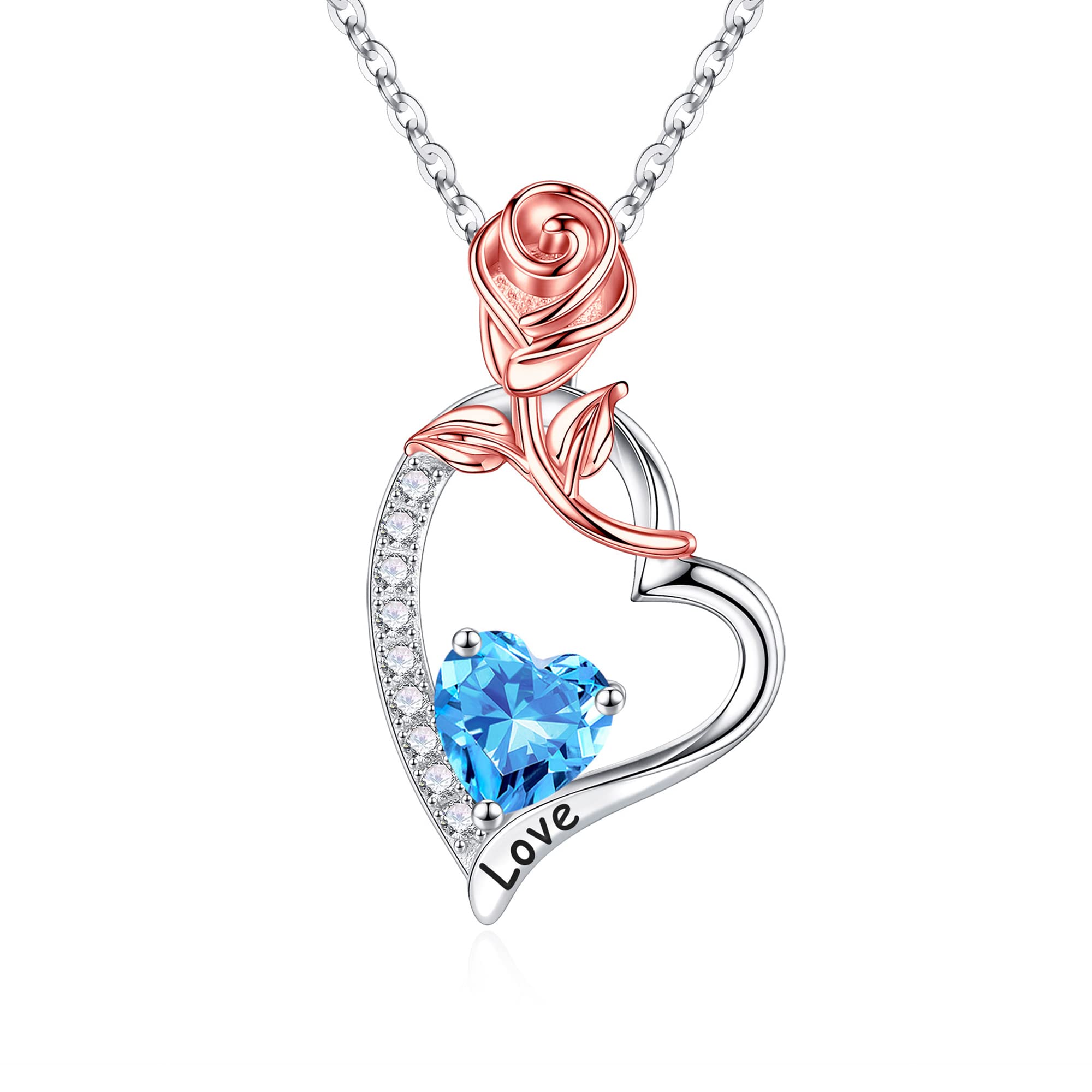 Iefil Birthstone Necklaces for Women - Anniversary Birthday Gifts for Women, Aquamarine Necklace, March 925 Sterling Silver Rose Heart Birthstone Necklace for Women, Jewelry Gifts for Wife Her Mom