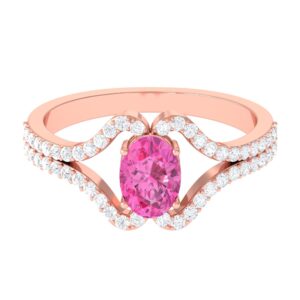 5X7 MM Oval Pink Sapphire Split Shank Ring with Diamond, Pink Sapphire Solitaire Ring for Women - September Birthstone, 14K Rose Gold, Size:US 8.00