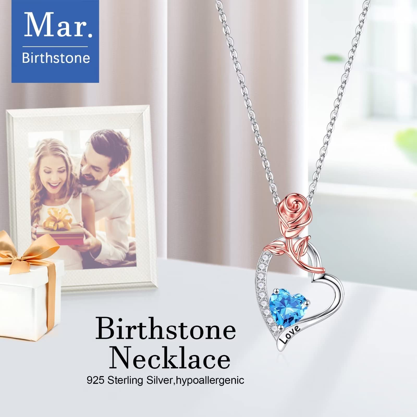 Iefil Birthstone Necklaces for Women - Anniversary Birthday Gifts for Women, Aquamarine Necklace, March 925 Sterling Silver Rose Heart Birthstone Necklace for Women, Jewelry Gifts for Wife Her Mom