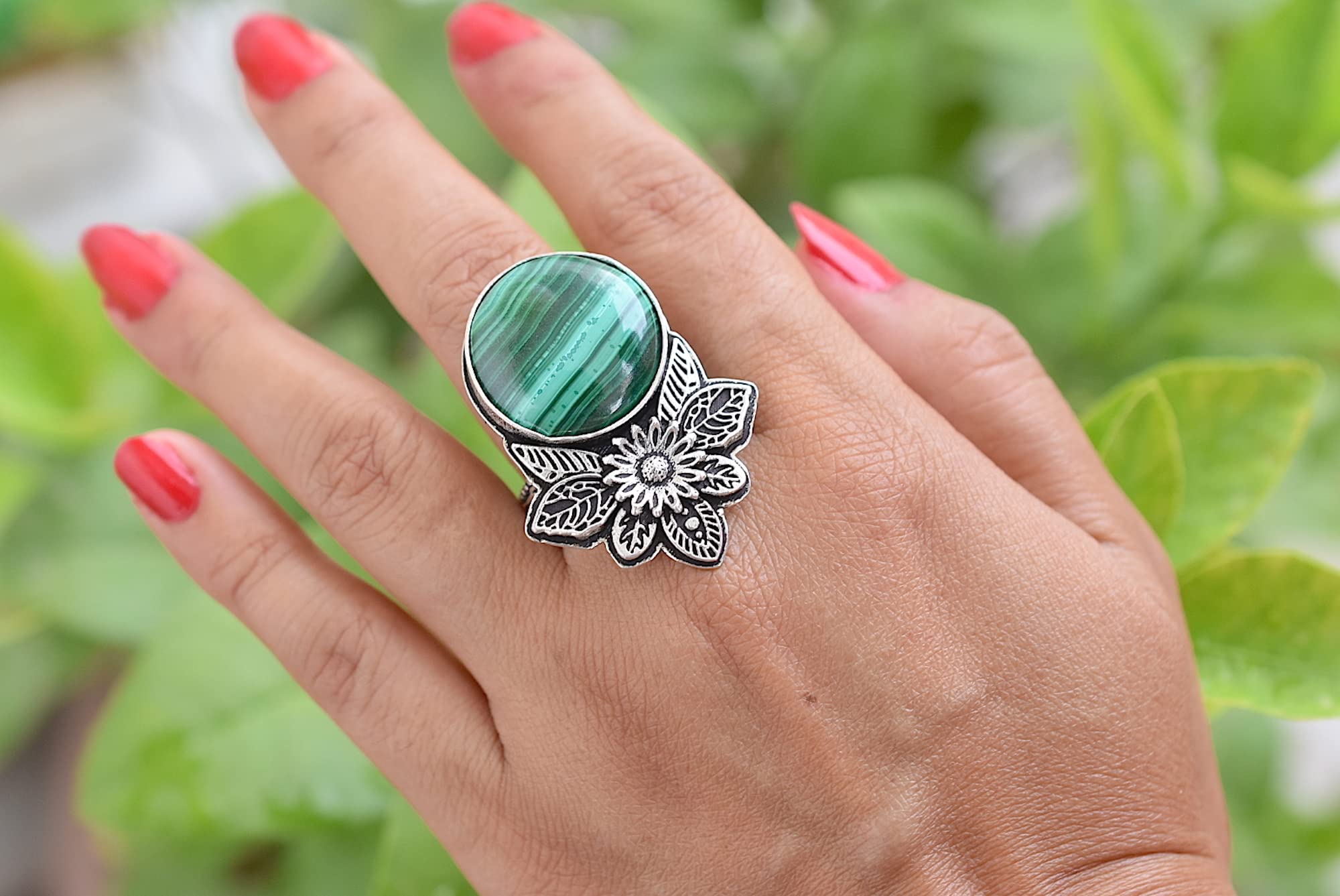 Rekha Gems Malachite Ring-925 Sterling Silver Ring-Vintage Ring-Handmade Ring-Birthday Gift-Green Gemstone Ring-Boho and Hippie Ring-Birthstone Ring-Malachite Jewelry- RMK13 (4.50 US)