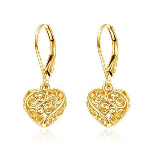 14k gold heart leverback earrings for women filigree dangle drop earrings vintage jewelry birthday gifts for her (heart filigree leverback earrings)