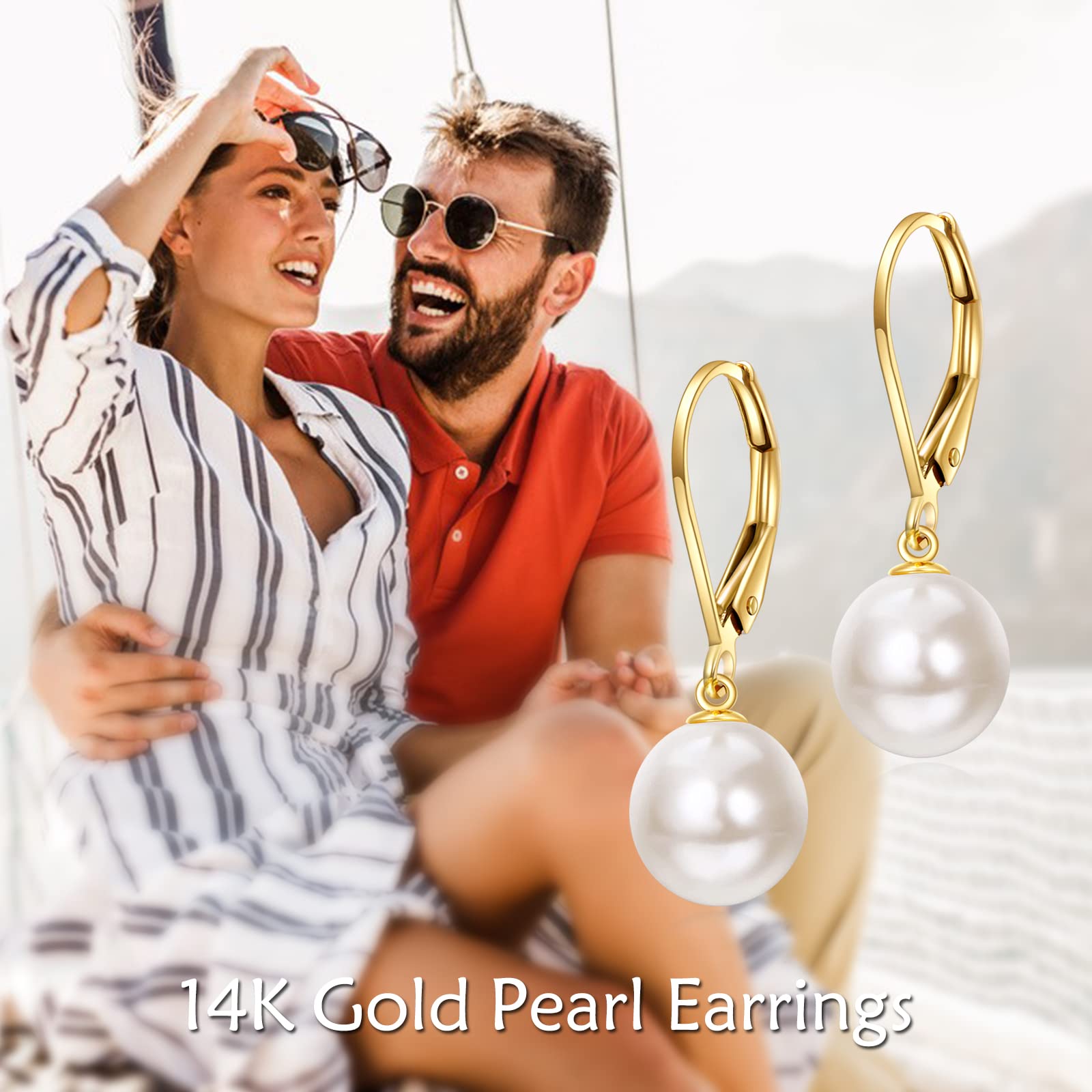 KECHO 14k Gold Freshwater Pearl Earrings for Women Real Gold Pearls Drop Dangle Leverback Jewelry Bridesmaid Gifts for Her