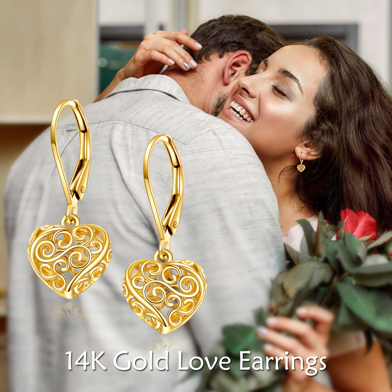 14k Gold Heart Leverback Earrings for Women Filigree Dangle Drop Earrings Vintage Jewelry Birthday Gifts for Her (Heart Filigree Leverback Earrings)