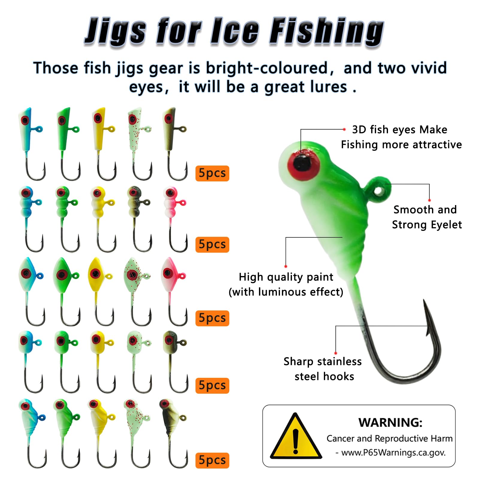 CWSDXM Glow Ice Fishing Jigs Winter ice Fishing Lures Ice Fishing Gear for Ice Jigging Panfish, Pike, Walleye, Perch and Crappies 25pcs…