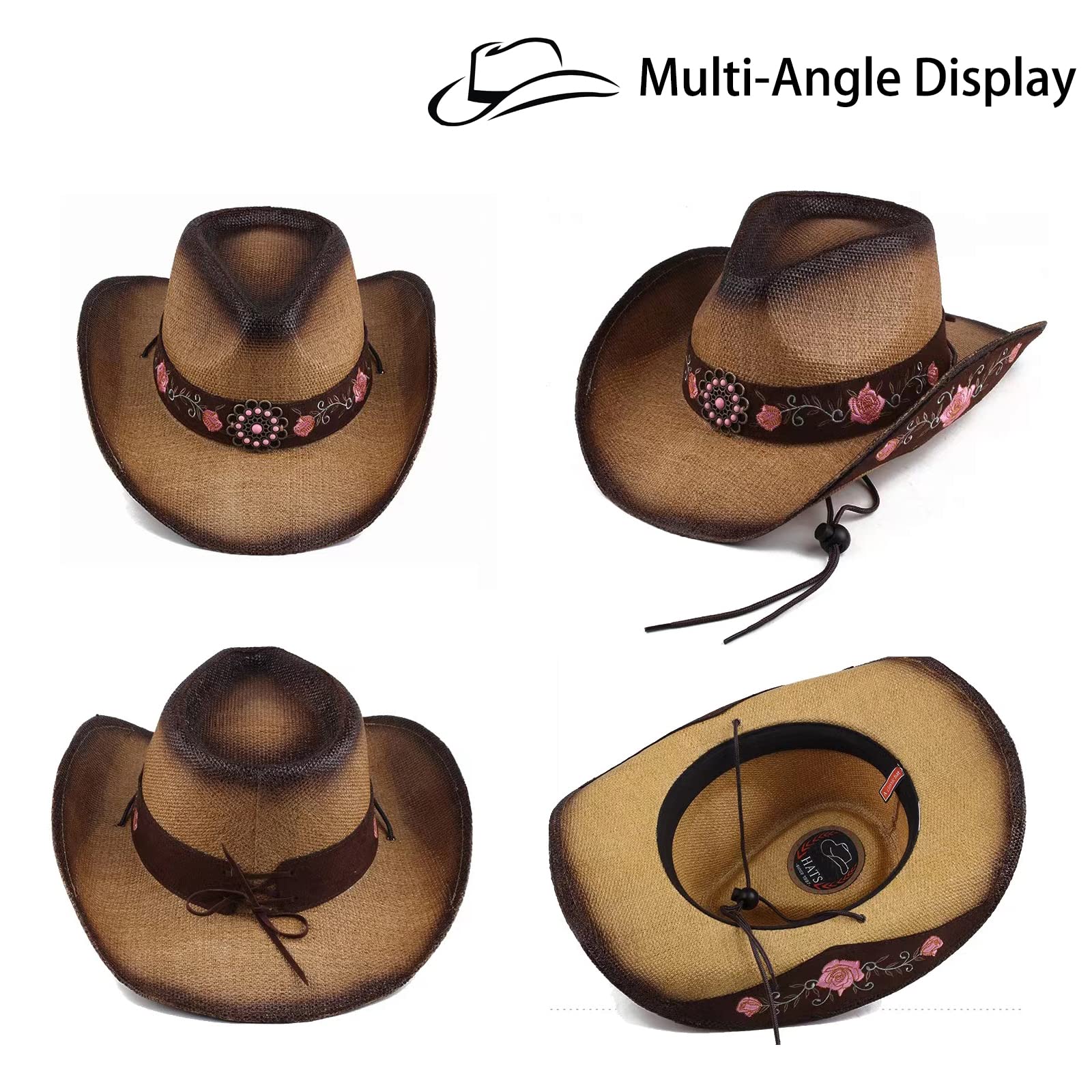 WELLATENT Cowboy Hats for Women, Brown Cowgirl Hats Classic Straw Western Hats for Women Music Festival Party Beach.