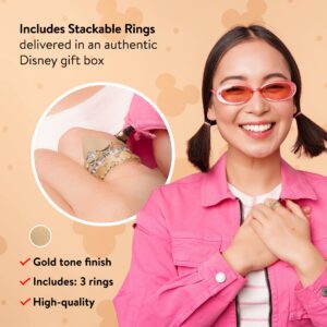 DISNEY Mickey Mouse Heart 3 Piece Stackable Ring Set for Women, Girls in Authentic Jewelry Gift Box, Gold Tone with Character Shape, Crystal Accent Designs, Fits Size 5-7