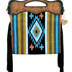 Affilare Saddle Blanket and Leather Crossbody Shoulder Bag with Fringes and Leather Hand Tooled Strap and Leather Hand tooled Panels 20AB010