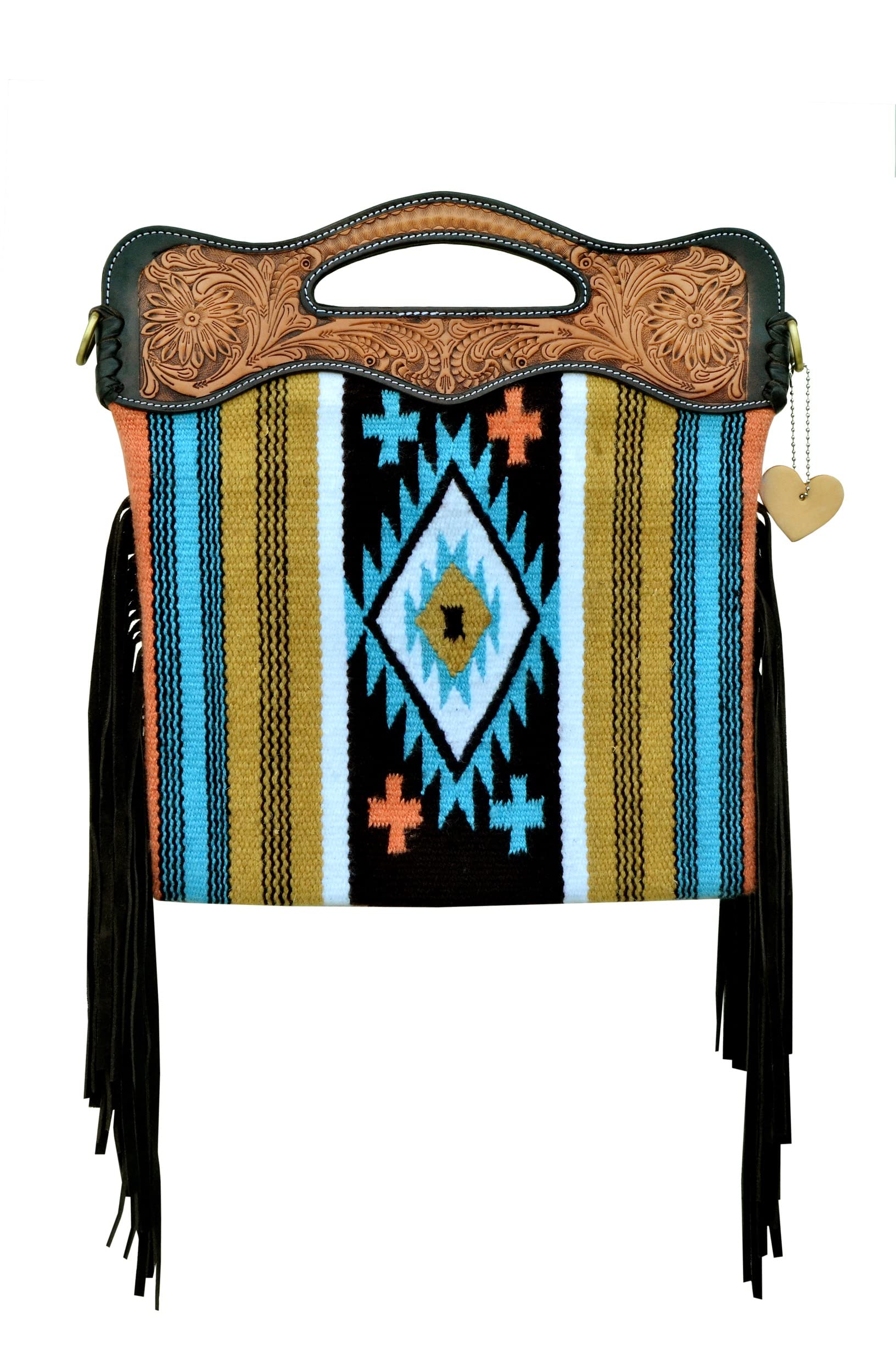 Affilare Saddle Blanket and Leather Crossbody Shoulder Bag with Fringes and Leather Hand Tooled Strap and Leather Hand tooled Panels 20AB010