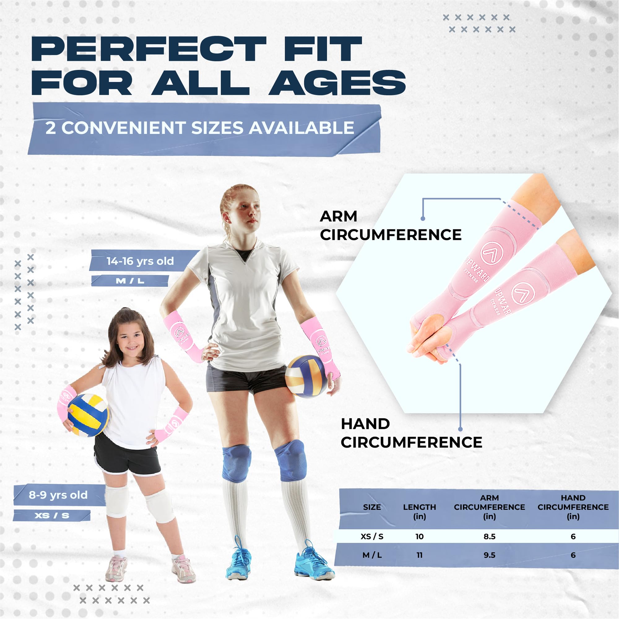 Upward Fitness - Volleyball Arm Sleeves with Passing Protection Forearm Pads and Comfortable Thumbhole Design- Includes Bag and Headband - Perfect For Girls and Boys (M/L Pink)