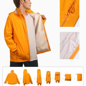 ATLASLAVA Men's Packable Rain Jackets Lightweight Waterproof Reflective Windbreaker Coat with Hood Cycling Running Golf Orange 2XL