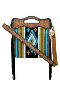 affilare saddle blanket and leather crossbody shoulder bag with fringes and leather hand tooled strap and leather hand tooled panels 20ab010