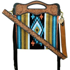 Affilare Saddle Blanket and Leather Crossbody Shoulder Bag with Fringes and Leather Hand Tooled Strap and Leather Hand tooled Panels 20AB010