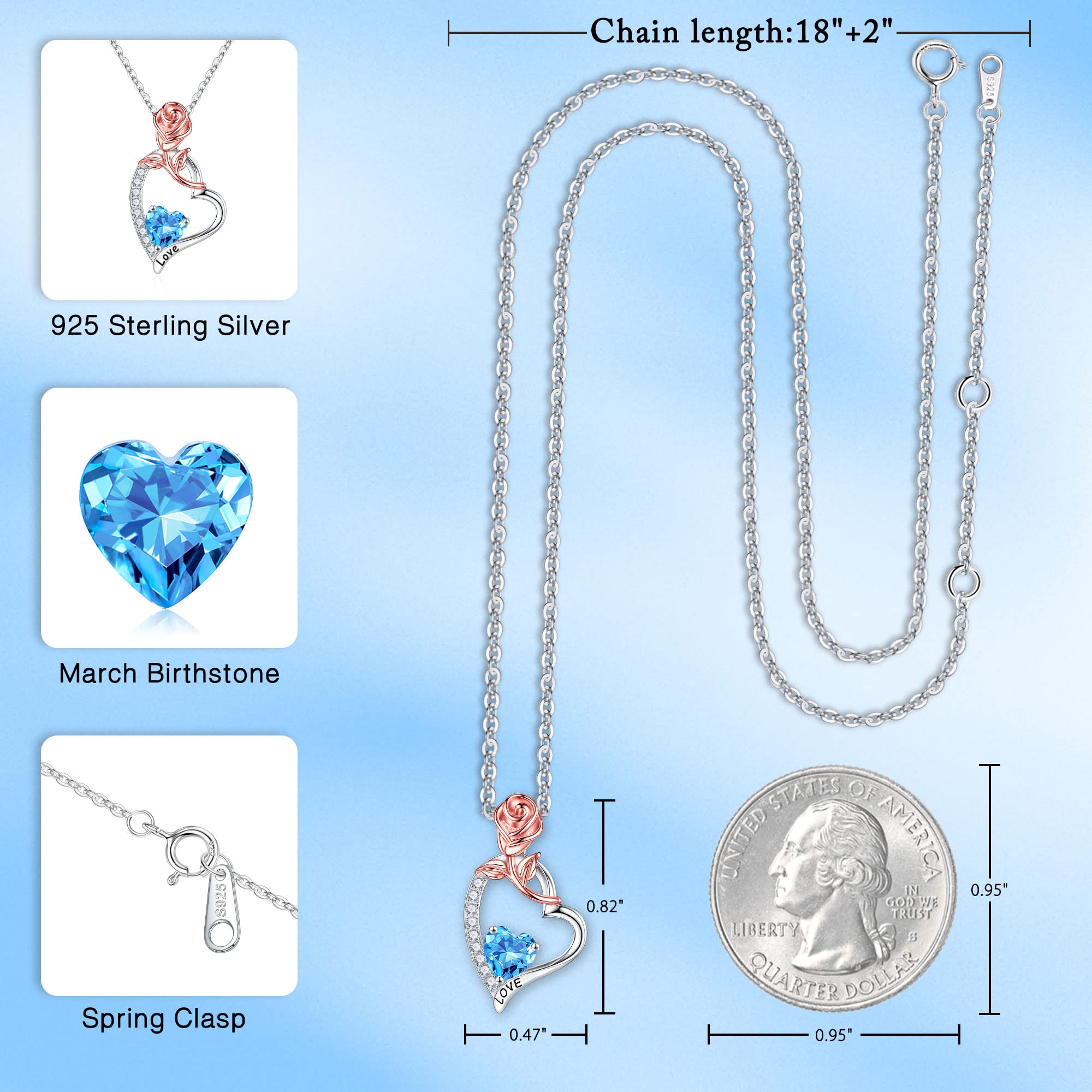 Iefil Birthstone Necklaces for Women - Anniversary Birthday Gifts for Women, Aquamarine Necklace, March 925 Sterling Silver Rose Heart Birthstone Necklace for Women, Jewelry Gifts for Wife Her Mom