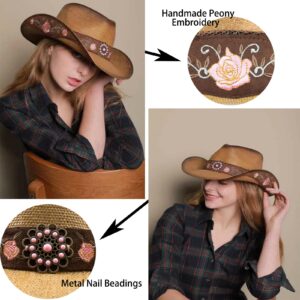 WELLATENT Cowboy Hats for Women, Brown Cowgirl Hats Classic Straw Western Hats for Women Music Festival Party Beach.