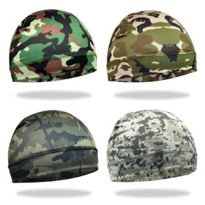 4 pcs skull cap sweat wicking helmet liner breathable cycling beanie running sports hat cooling head wraps for men (camo color)