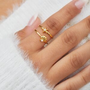 Disney The Little Mermaid Stackable Ring Set Size 7 - Starfish and Seashell Ring - Flash-Plated Rings for Women