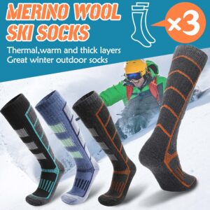 ANTSANG Mens Womens Merino Wool Ski Socks Thermal Warm Winter Thick Knee High Gift Socks Skiing Snowboarding Socks 3 Pairs(Arrow-Ski Grey/Blue A,M)