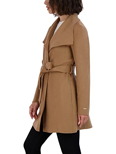 Tahari Women's Ella Lightweight Double Face Wool Wrap Coat with Tie Belt, Solid Camel, Medium