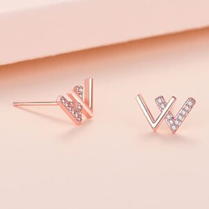 Women Earrings Letter V Zircon Stud 925 Sterling Silver Jewelry (gold)