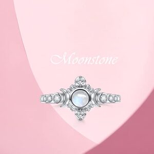 Yearace Genuine Moonstone Ring 925 Sterling Silver Moon Phase Ring Round Moonstone Cubic Zirconia Statement Band Finger Minimalist Ring for Women Girls with Gift Box