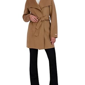 Tahari Women's Ella Lightweight Double Face Wool Wrap Coat with Tie Belt, Solid Camel, Medium