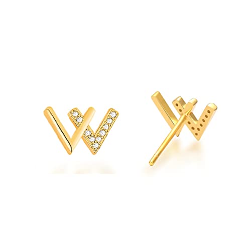 Women Earrings Letter V Zircon Stud 925 Sterling Silver Jewelry (gold)