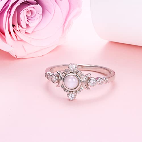 Yearace Genuine Moonstone Ring 925 Sterling Silver Moon Phase Ring Round Moonstone Cubic Zirconia Statement Band Finger Minimalist Ring for Women Girls with Gift Box