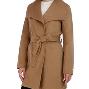 Tahari Women's Ella Lightweight Double Face Wool Wrap Coat with Tie Belt, Solid Camel, Medium