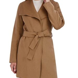 Tahari Women's Ella Lightweight Double Face Wool Wrap Coat with Tie Belt, Solid Camel, Medium