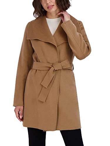 Tahari Women's Ella Lightweight Double Face Wool Wrap Coat with Tie Belt, Solid Camel, Medium