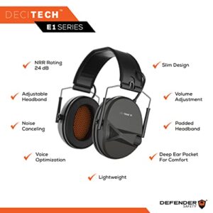 Defender Safety Decitech E1 Electronic Active Hearing Protection, Shooting, Range, Hunting, Tactical Earmuffs, 24 NNR Rated. (Black)