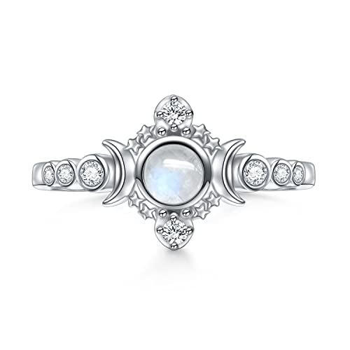 Yearace Genuine Moonstone Ring 925 Sterling Silver Moon Phase Ring Round Moonstone Cubic Zirconia Statement Band Finger Minimalist Ring for Women Girls with Gift Box