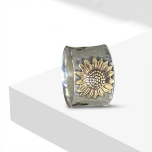 SWBRJ Blooming Sunflower Wide Band Ring for Women,Silver Big Large Flower Punk Gothic Chunky Ring,Thumb Index Full Finger Floral Ring Boho Jewelry Gift for Her (Ring_Flower, 7)