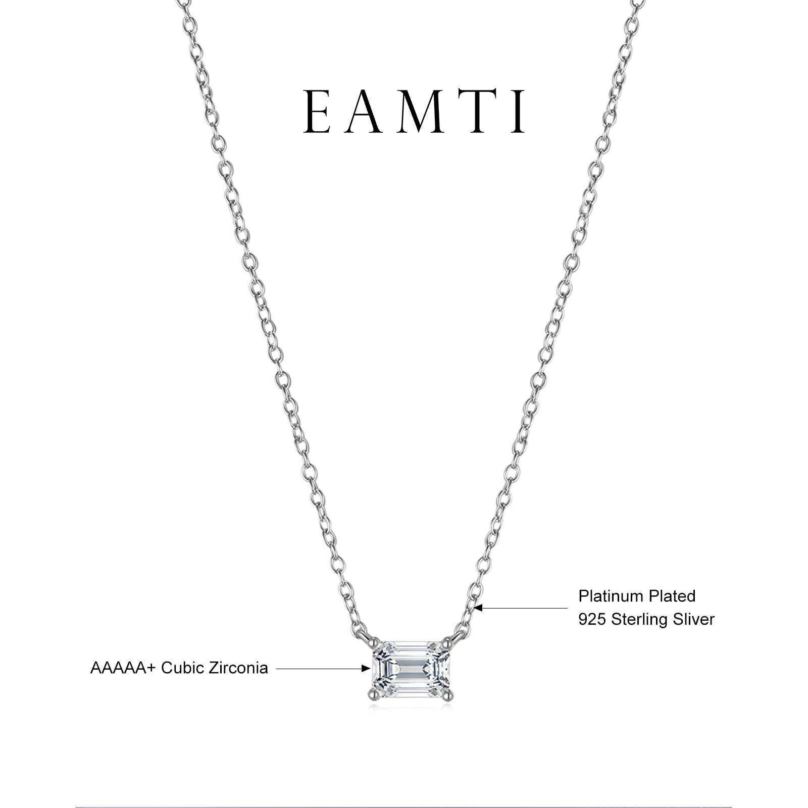 EAMTI 925 Sterling Silver Necklaces for Women Emerald Cut White Gold Plated Dainty Necklace Solitaire 1 Carat Cubic Zirconia Pendant Necklace