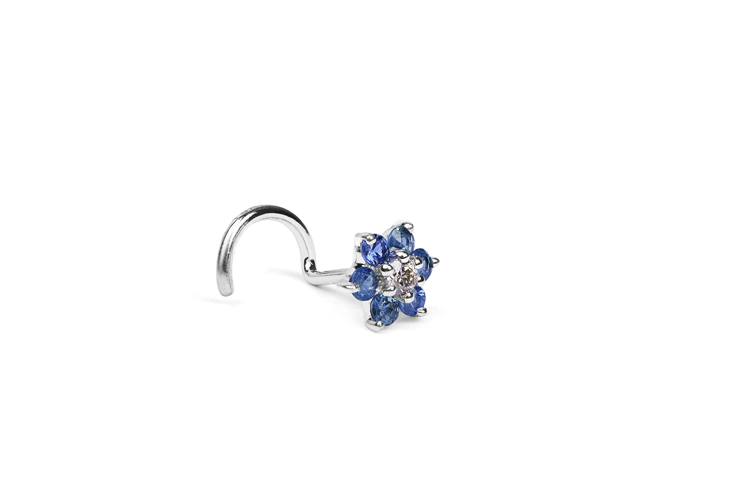 Demira Jewels Handcrafted 6 Blue Sapphire Stones in 14K White Gold with 100% Natural Conflict-Free Diamond Nose Stud - 21 Gauge Thickness Wire setting.