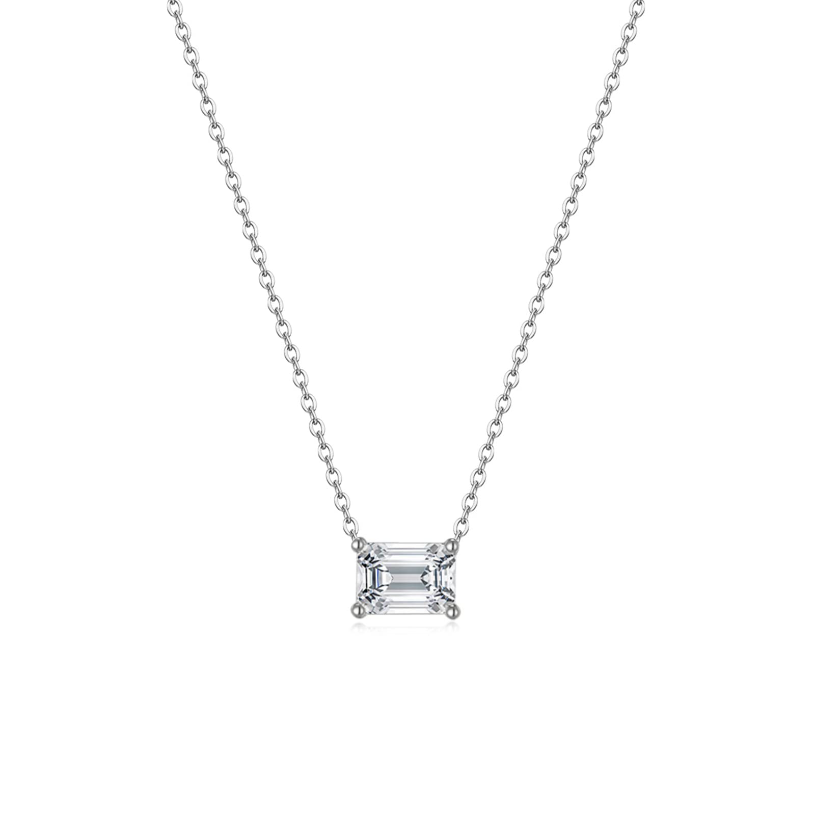 EAMTI 925 Sterling Silver Necklaces for Women Emerald Cut White Gold Plated Dainty Necklace Solitaire 1 Carat Cubic Zirconia Pendant Necklace