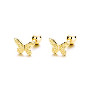 Gold Butterfly Stud Earrings 18K Real Gold Plated Hypoallergenic Screw Back Cute Earrings for Women Jewelry Gift