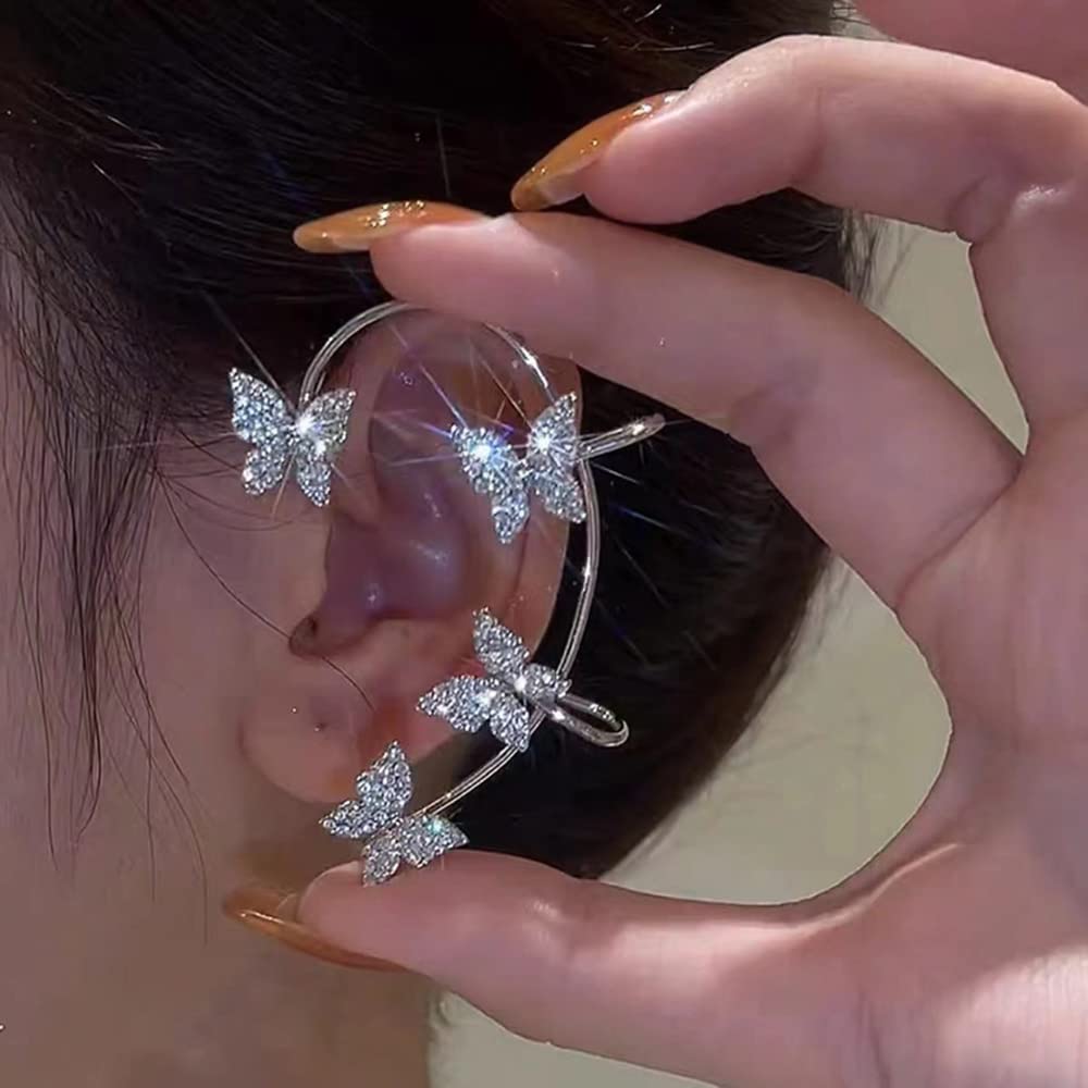 YRlilicc 2Pcs Glitter Rhinestone Butterfly Ear Cuff Vintage Non-Piercing Fake Earrings Bridal Wedding Climber Ear Wrap Prom Ball Ear Jewelry for Women