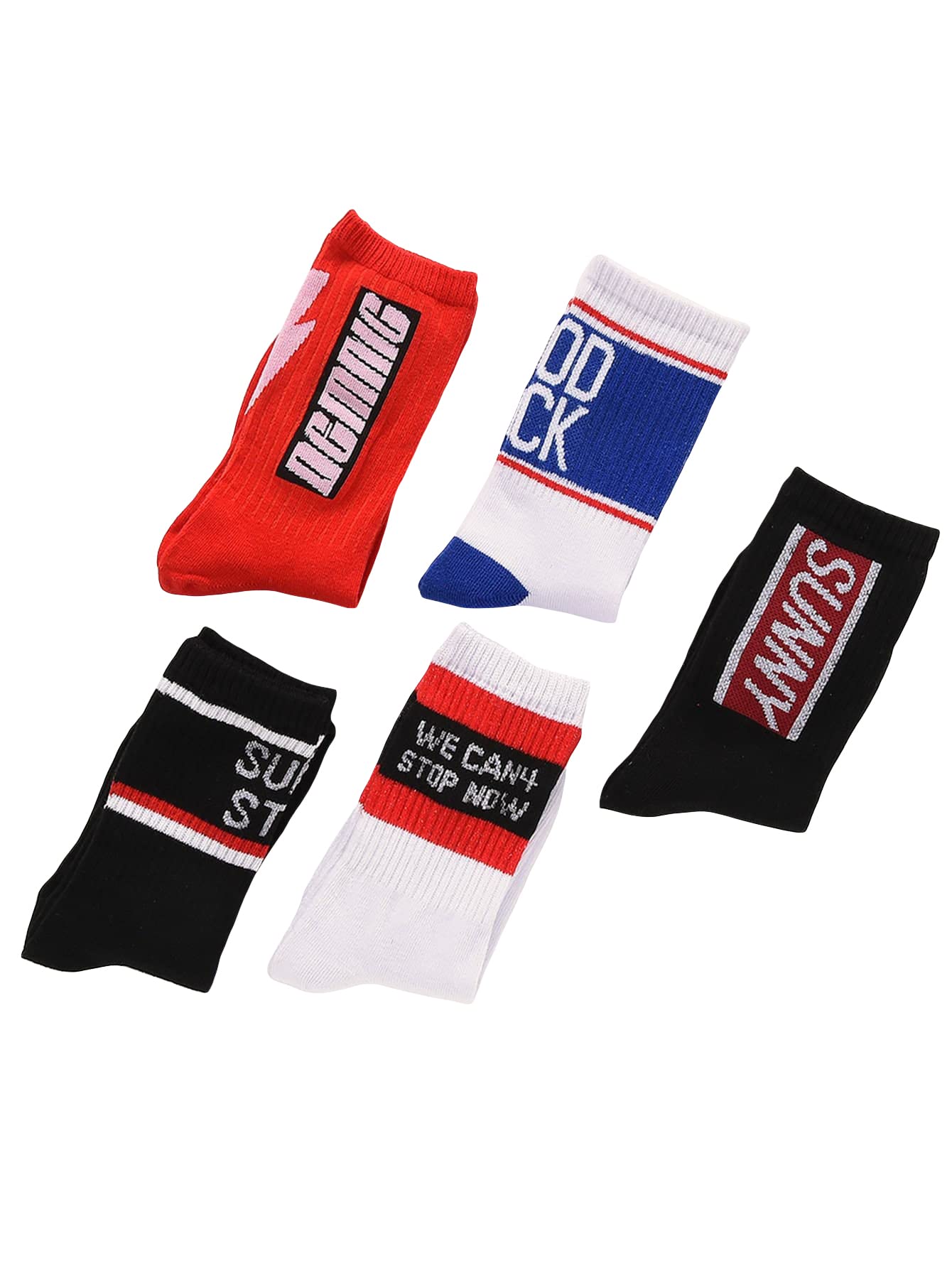 OYOANGLE Men's 5 Pairs Men Letter Graphic Crew Socks Casual Sports Socks Multicolor one-size